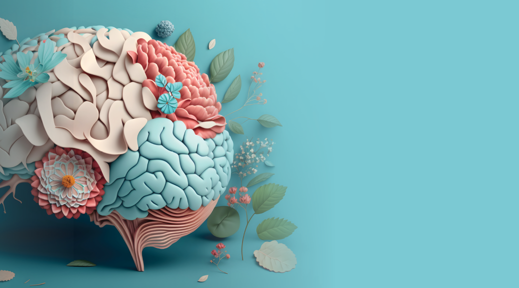 digital art of flourishing brain, with flowers and vines on aqua background